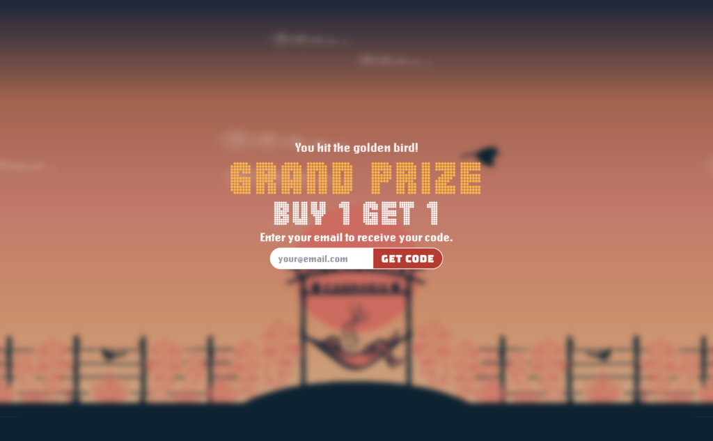 The grand prize screen of Chill Country's Bird Hunt game. It's a Buy 1, Get 1 deal.